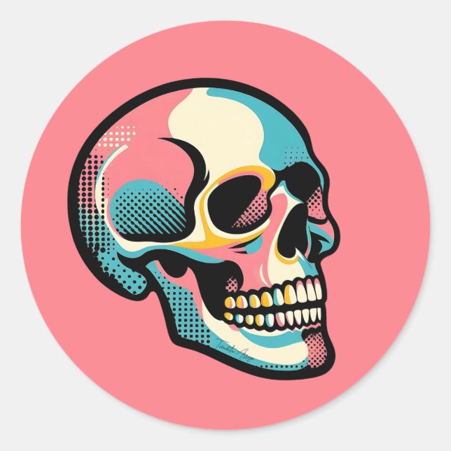 Cool Goth Vibrant Colourful Pop Art Skull Face Classic Round Sticker (Front)