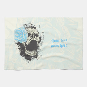 Cool gothic skull and blue rose custom tea towel