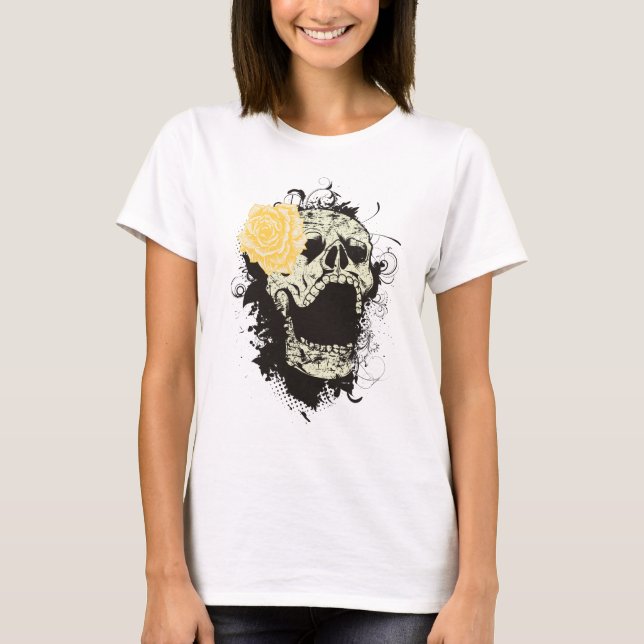 Cool gothic skull and yellow rose custom t-shirt (Front)