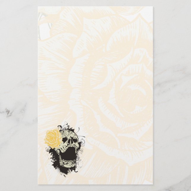 Cool gothic skull and yellow rose stationery (Front)