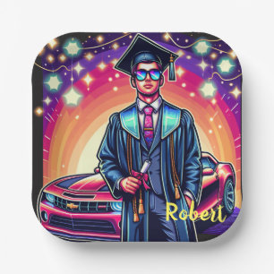 Cool Graduation Guy With Nice Car Custom Paper Plate