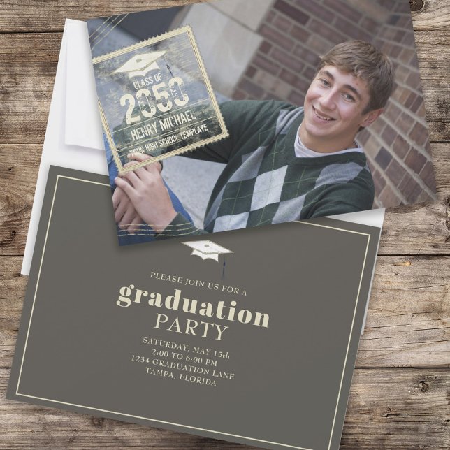 Cool Graduation Party Photo Typography Custom Invitation (Graduation invitation announcement card with a full bleed photo and gold typography. )