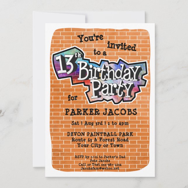 Cool Graffiti Art 13th Birthday Party Invitation (Front)