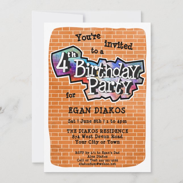 Cool Graffiti Art 4th Birthday Party Invitation (Front)