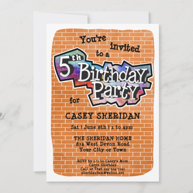 Cool Graffiti Art 5th Birthday Party Invitation (Front)