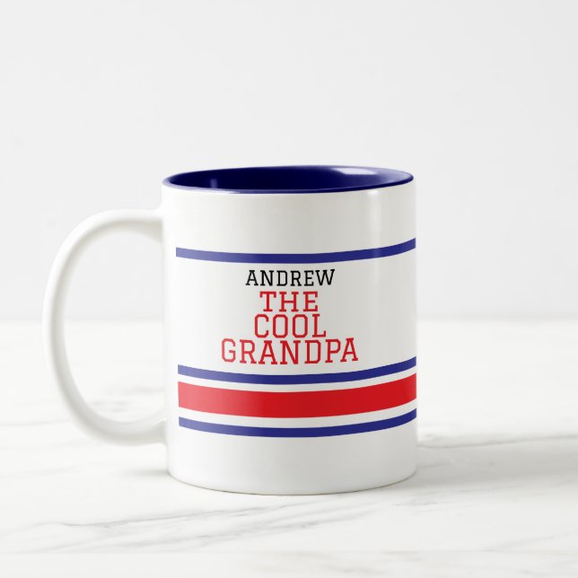 Cool Grandpa Personalised Red Blue Stripe White   Two-Tone Coffee Mug (Left)