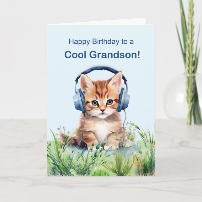 Cool Grandson Birthday Cat with Headphones Card (Front)