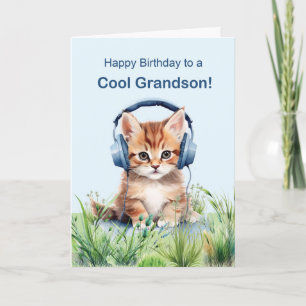 Cool Grandson Birthday Cat with Headphones Card