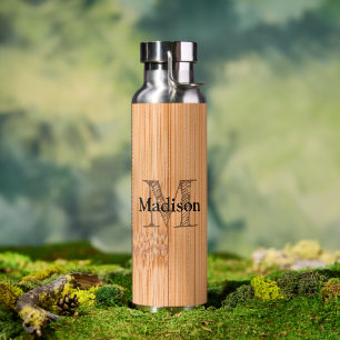 Cool gray bamboo wood print Monogram Water Bottle