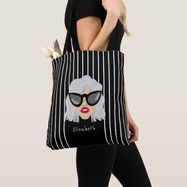 Cool Gray Hair Woman with Glasses Custom Name Tote Bag (Close Up)