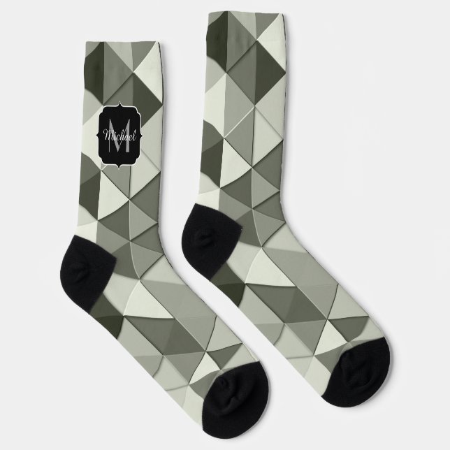 Cool Grayscale triangle geometric pattern Monogram Socks (Right)