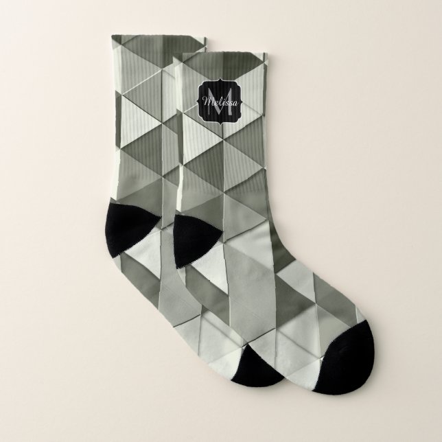 Cool Grayscale triangle geometric pattern Monogram Socks (Pair)