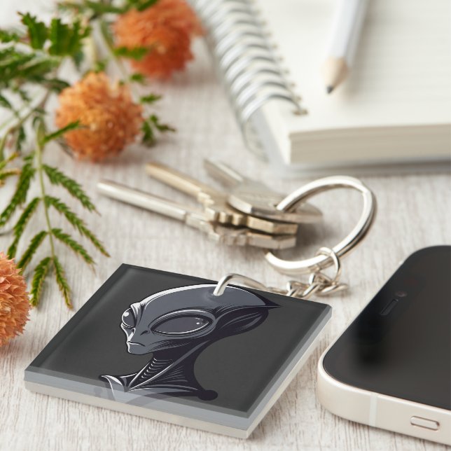 Cool Green Alien Illustration - Modern Sci-Fi Char Key Ring (Front Right)