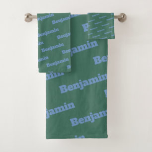 Cool Green and Blue Personalised Name Pattern Bath Towel Set