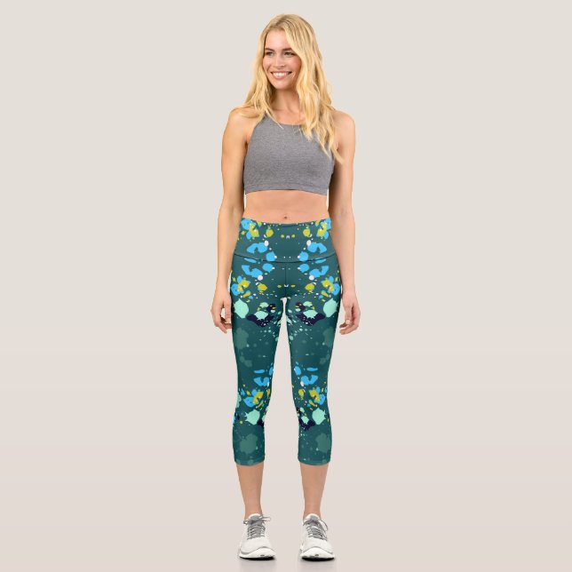 Cool Green ColorfulPaint Splatter Pattern Capri Leggings (Front)