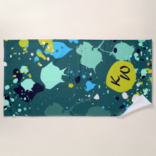 Cool Green Colourful Paint Splatter Initials  Beach Towel