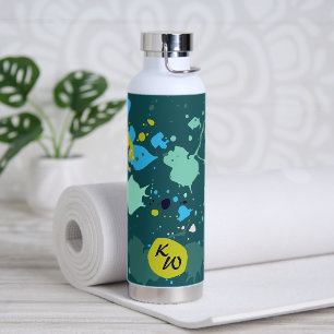 Cool Green Colourful Paint Splatter Initials Water Bottle