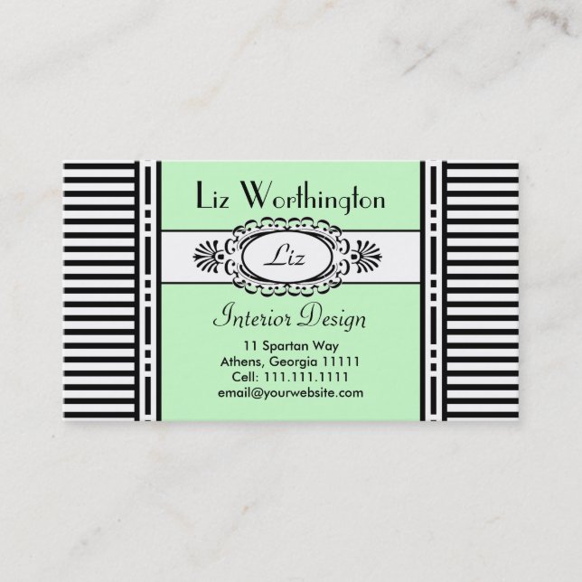 Cool Green Damask and Stripes Customisable Business Card (Front)