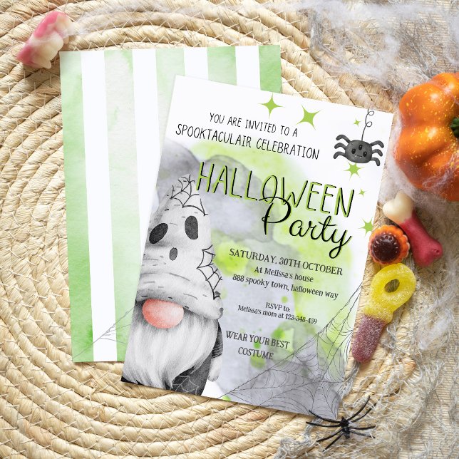 Cool green gnome watercolor kids halloween party invitation (Creator Uploaded)