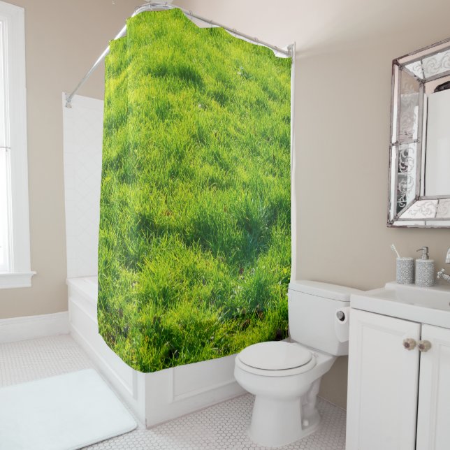 Cool Green Grass Print Shower Curtain (In Situ)