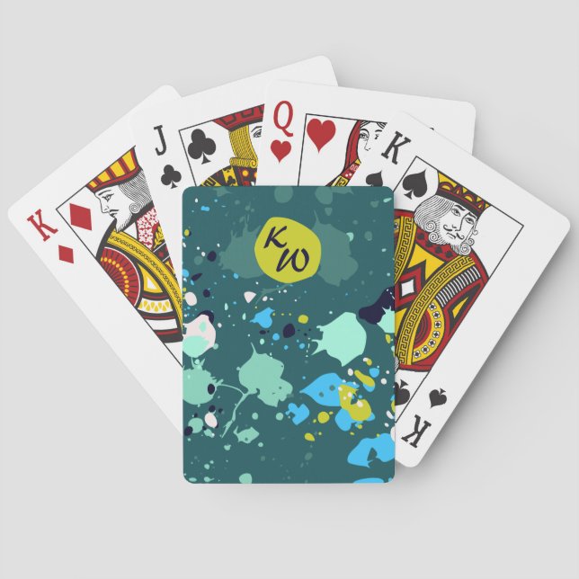 Cool Green Paint Splatter Initials Playing Cards (Back)
