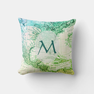 Cool Green Vintage Map of North America Monogram Cushion