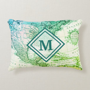 Cool Green Vintage Map of North America Monogram Decorative Cushion