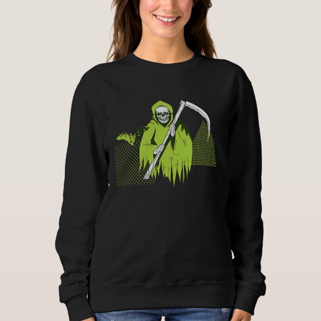 Cool Green Violet Grim Reeper and Bat Horror Hallo Sweatshirt (Front)