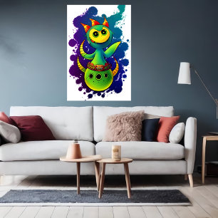 Cool green yellow alien creature AI Art Poster