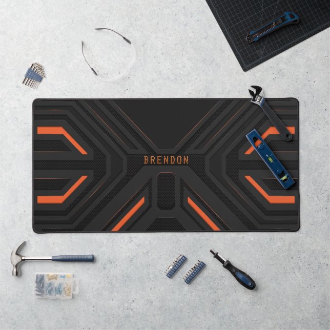 Cool Grey and Orange Geometric Gaming Background Desk Mat (Workstation)