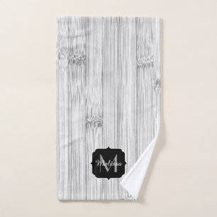 Cool grey bamboo wood print Monogram Bath Towel Set