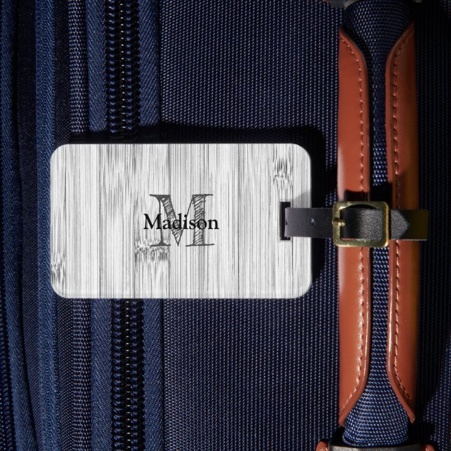 Cool grey bamboo wood print Monogram Luggage Tag (Front Insitu 4)