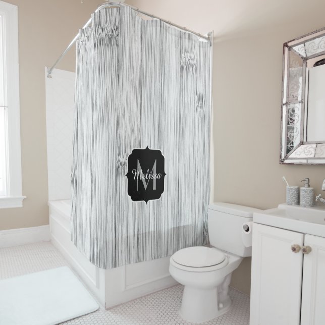 Cool grey bamboo wood print Monogram Shower Curtain (In Situ)