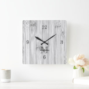 Cool grey bamboo wood print Monogram Square Wall Clock