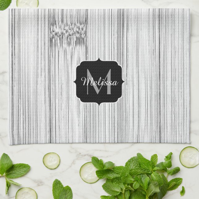 Cool grey bamboo wood print Monogram Tea Towel (Folded)
