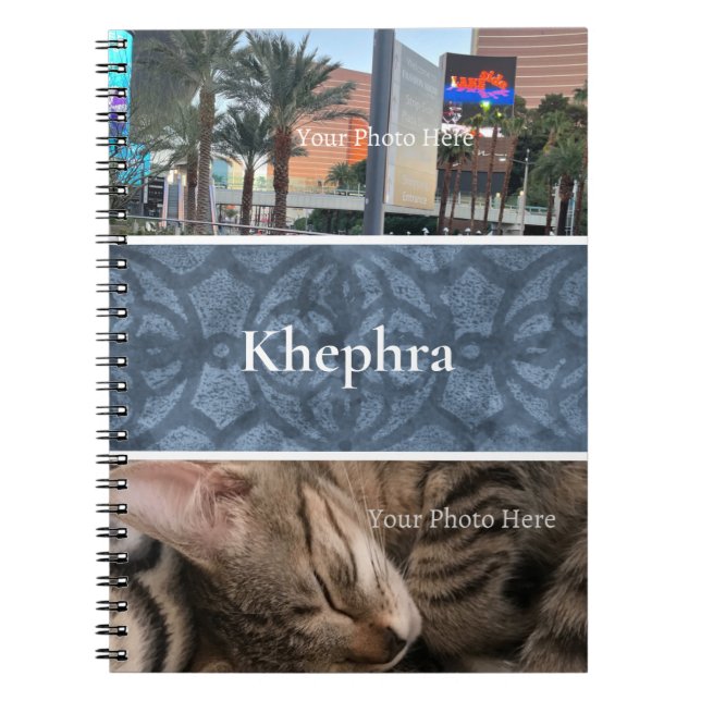 Cool Grey Batik Photo Collage, Border, Name Notebook (Front)