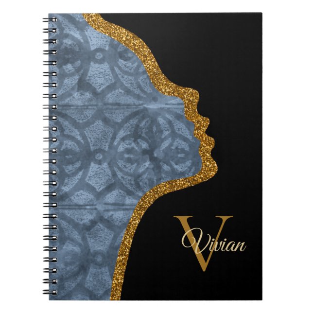 Cool Grey Black And Gold Glitter Face Name Notebook (Front)