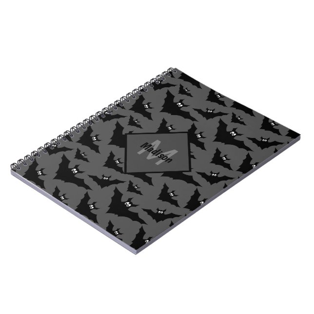 Cool grey black bats Halloween pattern Monogram Notebook (Left Side)