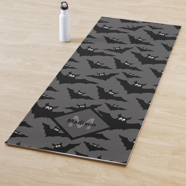 Cool grey black bats Halloween pattern Monogram Yoga Mat (In Situ)