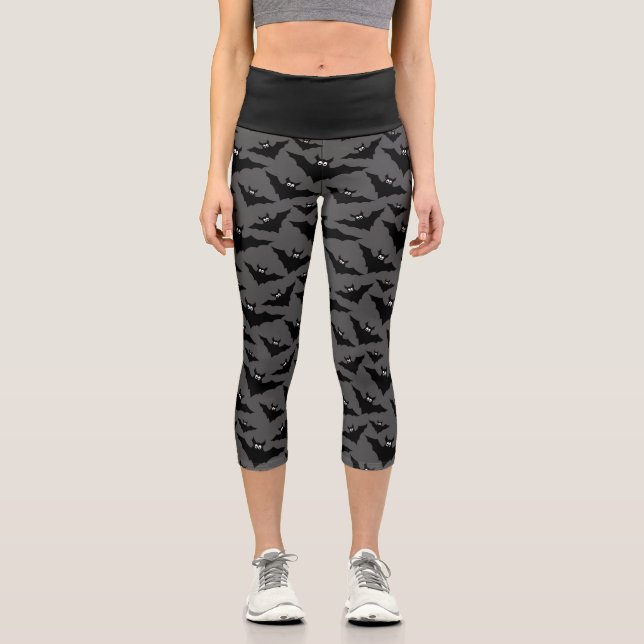 Cool grey black Flying bats Halloween pattern Capri Leggings (Front)