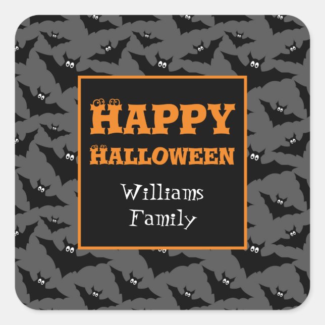 Cool grey black Flying bats Happy Halloween Square Sticker (Front)