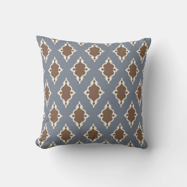 Cool grey brown ikat tribal pattern monogram cushion (Front)