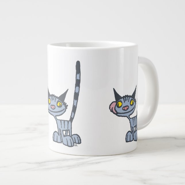 Cool Grey Cartoon Cat Large Coffee Mug (Front Right)