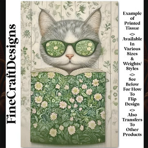 Cool Grey Cat In Specs & Floral Book BT3 Decoupage Tissue Paper
