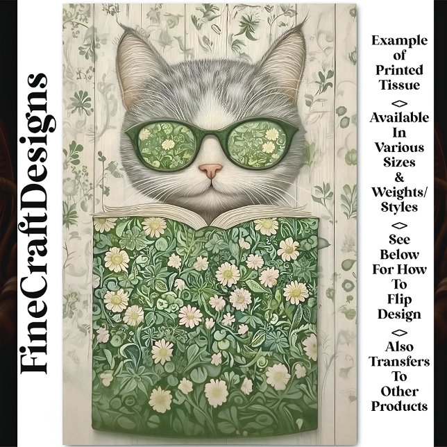 Cool Grey Cat In Specs & Floral Book BT3 Decoupage Tissue Paper (Creator Uploaded)