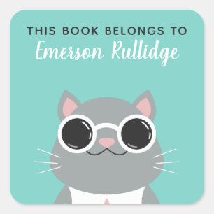 Cool Grey Cat Turquoise This Book Belongs To Square Sticker