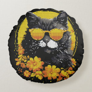Cool Grey Cat with Sunglasses Geometric Style Round Cushion