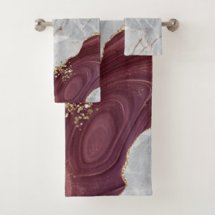 Cool Grey Gold Burgundy Marble Stone Bath Towel Set