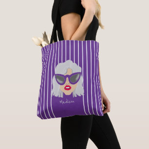 Cool Grey-Haired Woman with Glasses Custom Name Tote Bag