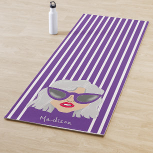 Cool Grey-Haired Woman with Glasses Custom Name Yoga Mat